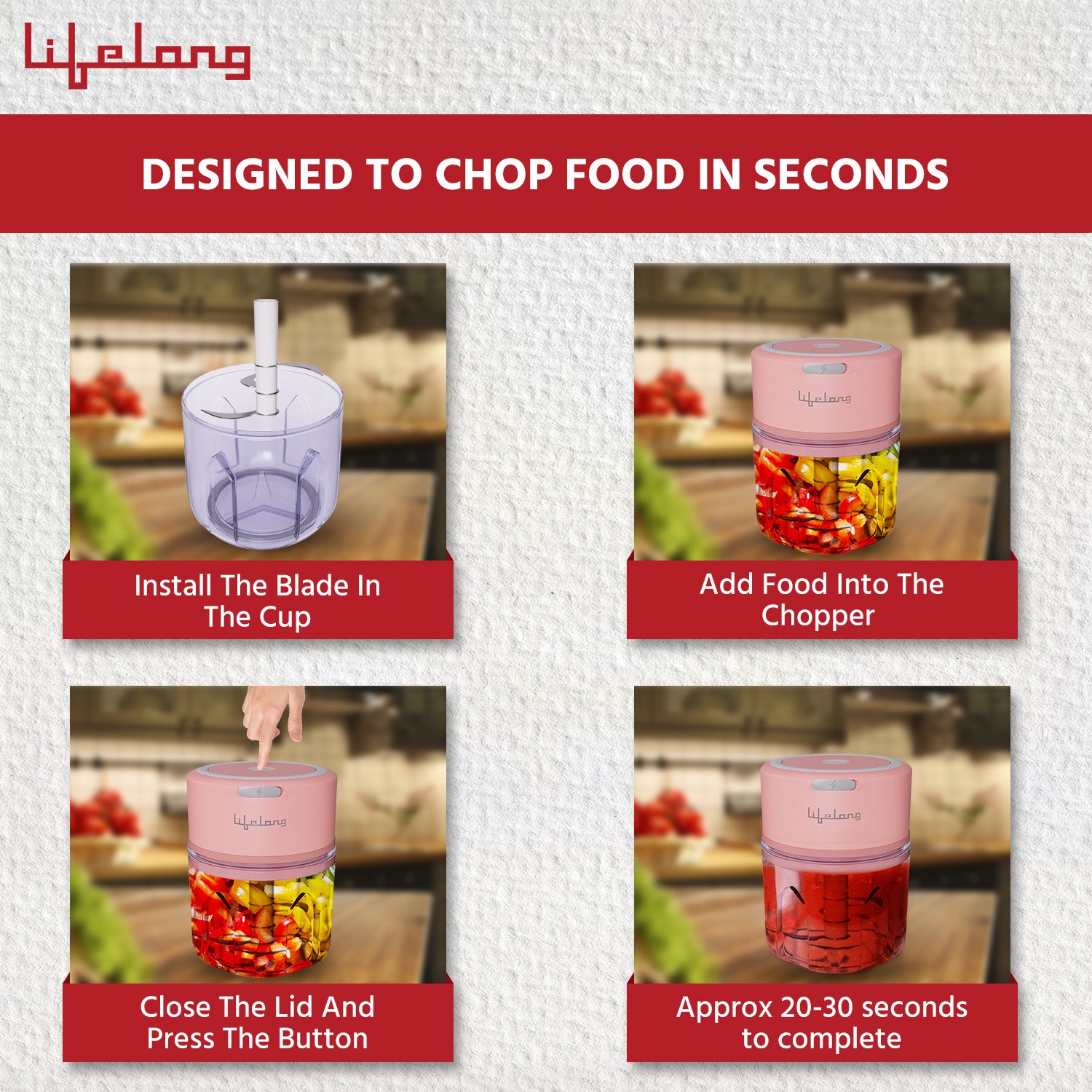 USB Rechargeable Wireless Electric Chopper with Stainless Steel Blades for Onion, Garlic, Vegetables, Nuts, Meat - 250 ML (Pink)