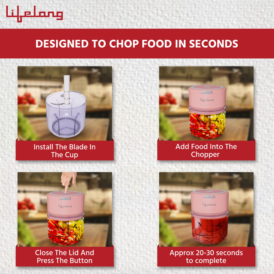 Lifelong LLWC03 Rechargeable Wireless Electric Chopper , Pink-250 ml