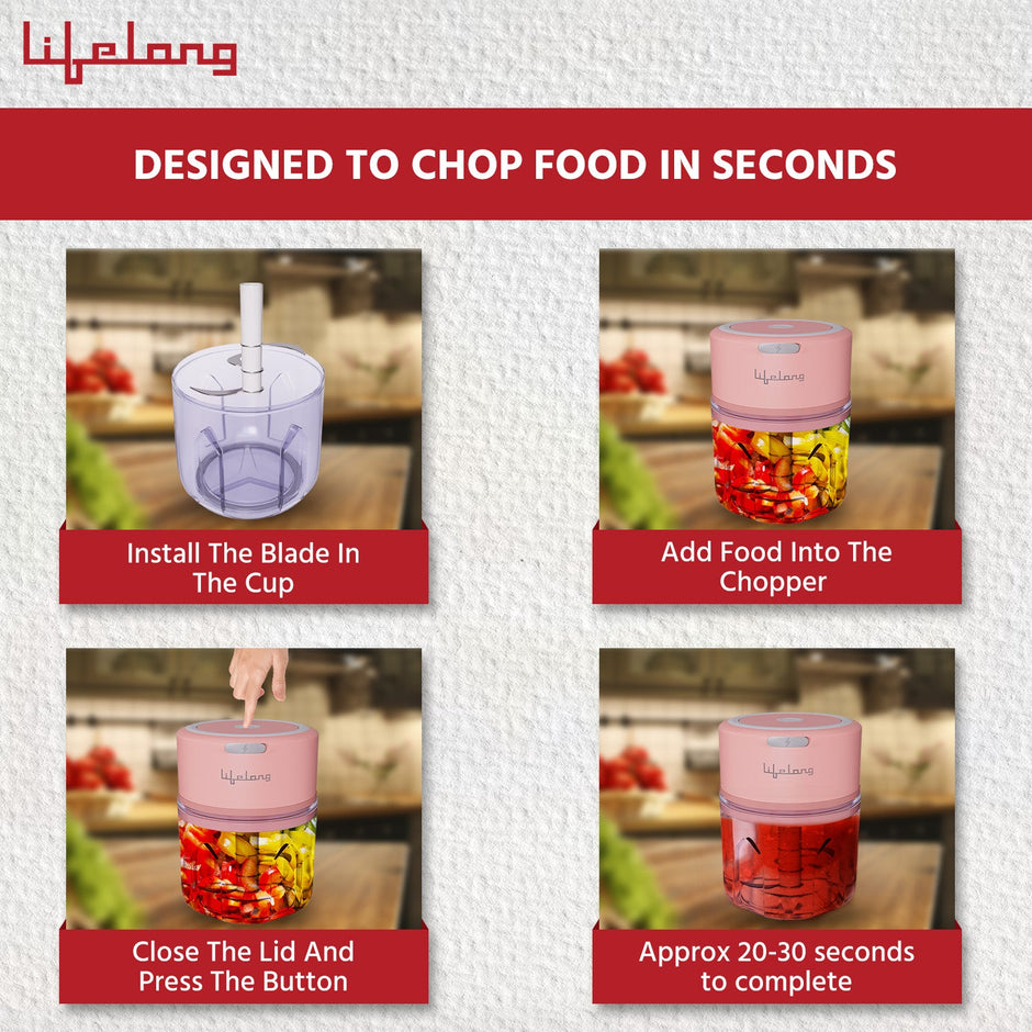 Lifelong LLWC03 Rechargeable Wireless Electric Chopper , Pink-250 ml