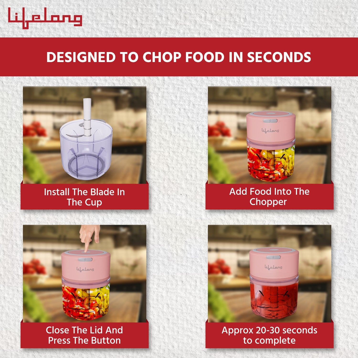 Lifelong LLWC03 Rechargeable Wireless Electric Chopper , Pink-250 ml