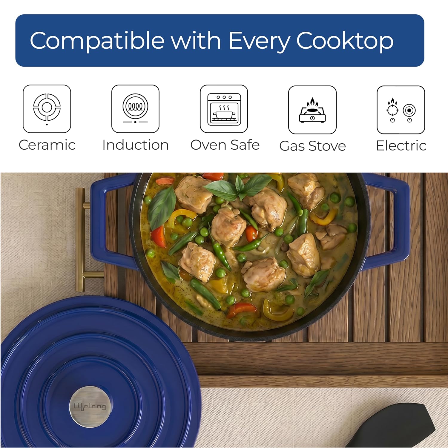 Lifelong Enamel Cast Iron Casserole with Lid (3.8L, 24cm) | Oven, Gas & Induction Compatible | Slow Cooking, Even Heat Distribution, Nontoxic, Durable, Naturally Nonstick, No Stains or Scratch (Blue)