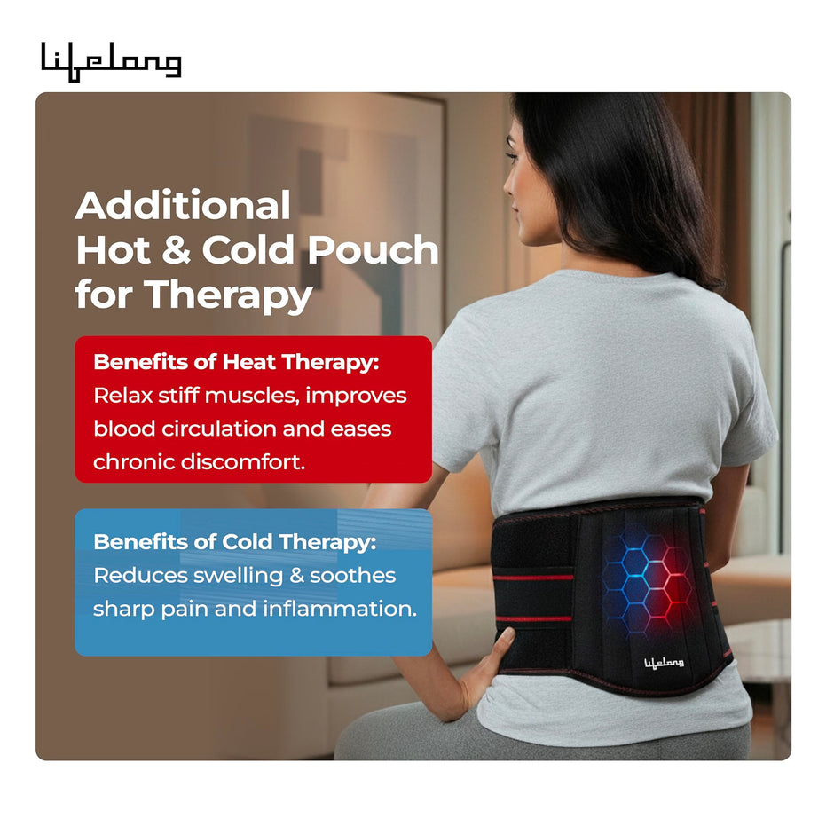 Lifelong Lumbar Sacral Belt with Hot & Cold Pack |Universal Fit for Men and Women| Back Support Brace for Pain Relief |Posture Correction & Lower Back Comfort| Adjustable Elastic Strap Waist Belt