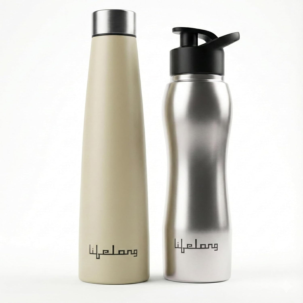 Lifelong Stainless Steel Water Bottle Combo of 2 | Durable, Leak-Proof, Rust Free | Easy-to-Clean & Odour-Free with Secure Cap | Ideal for School, Travel, Gym & Work (Beige – 900ml, Silver – 750ml)