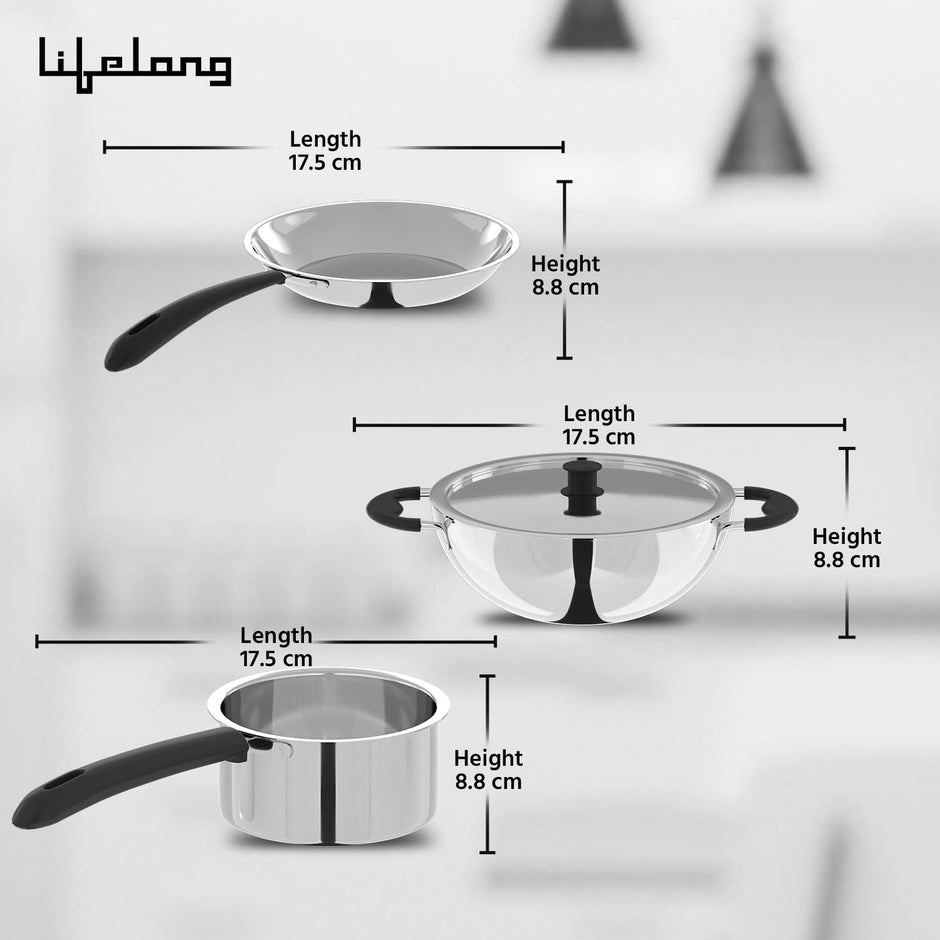 Lifelong 3 pc Cookware | 2 Litre Stainless Steel Kadhai with SS Lid 23 CM