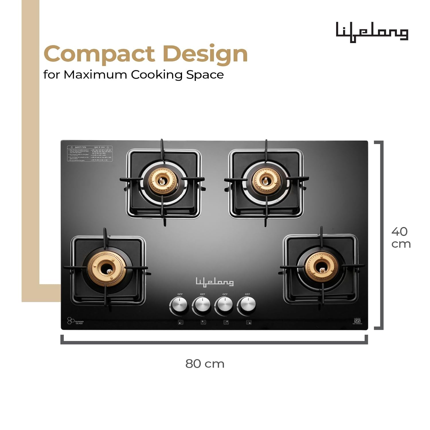 Lifelong 4 Burner Hob Gas Stove – Auto Ignition, Toughened Glass Top (LLHT008)