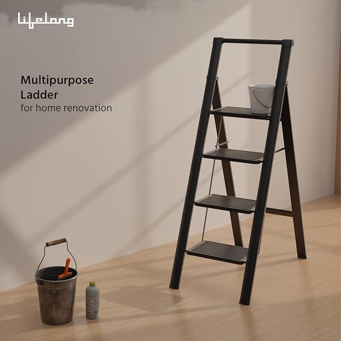 Lifelong 4 Step Steel Ladder with Handle, Foldable Portable Stool for Home, Kitchen & Office Use