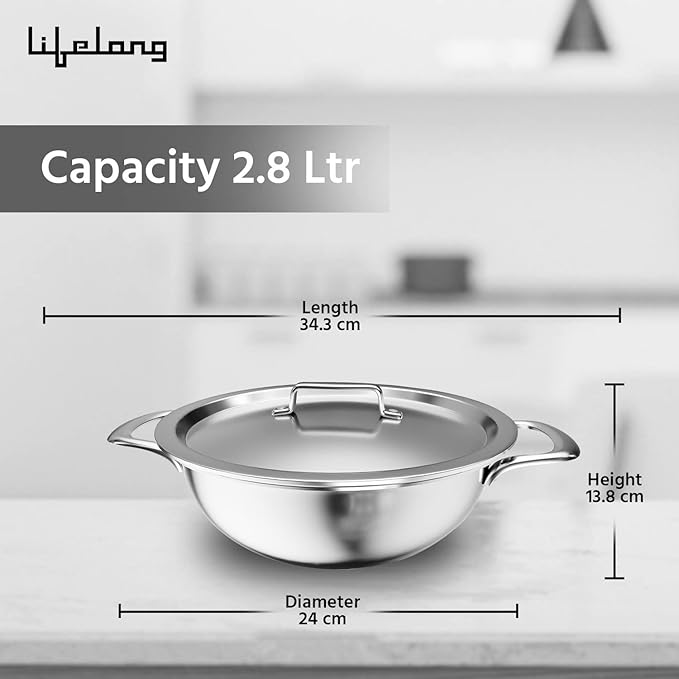 Triply Stainless Steel Deep Kadai with Lid – 2.8L, 24 cm
