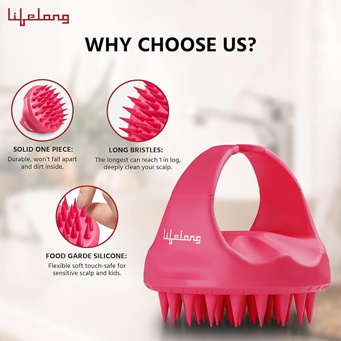 Silicone Scalp Massager & Body Scrubber – Hair Growth & Dandruff Care Brush (Pink)