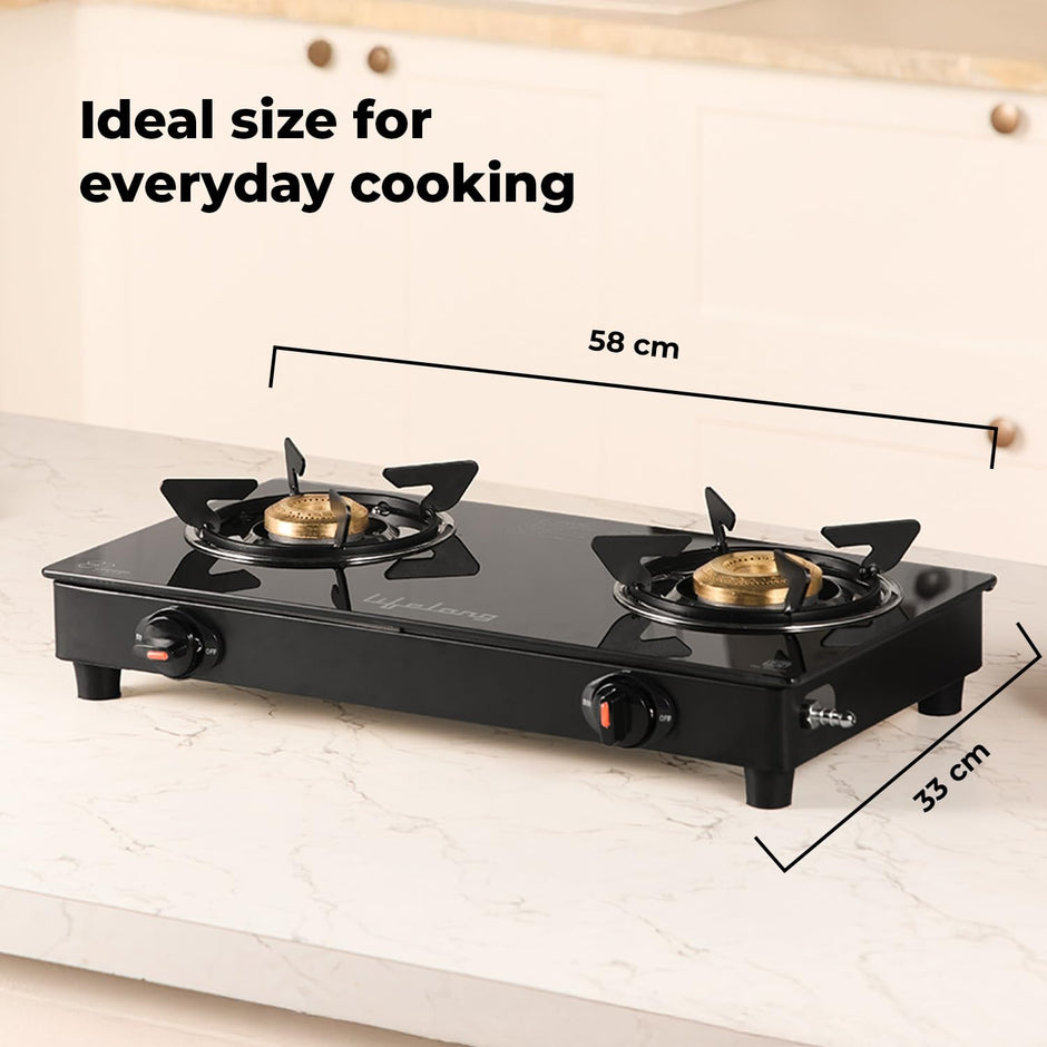 Lifelong 2 Burner Gas Stove for Kitchen | Manual Ignition Cooktop Modern Glass Stove for Modular Kitchen, ISI Certified & Compatible with LPG - 1 Year Manufacturer's Warranty (Black, LLGSD03)