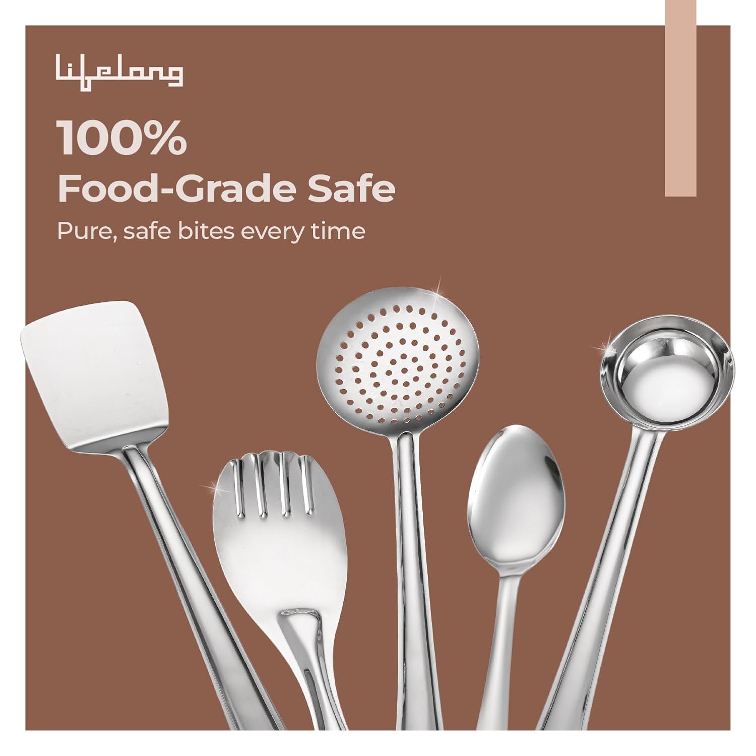 Lifelong Stainless Steel Cooking Utensils Set â€“ 5 Piece Serving Spoon Set for Kitchen with Ladle, Skimmer, Spatula, Basting and Rice Spoon â€“ Kitchen Utensil Set for Daily Use (LLCTKT05, Silver)