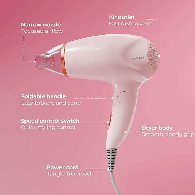 Lifelong 1200W Hair Dryer for Women & Men | Foldable & Compact Blow Dryer | 2 Heat Settings | Travel-Friendly Portable Hair Dryer for Smooth, Frizz-Free Styling (Pink)