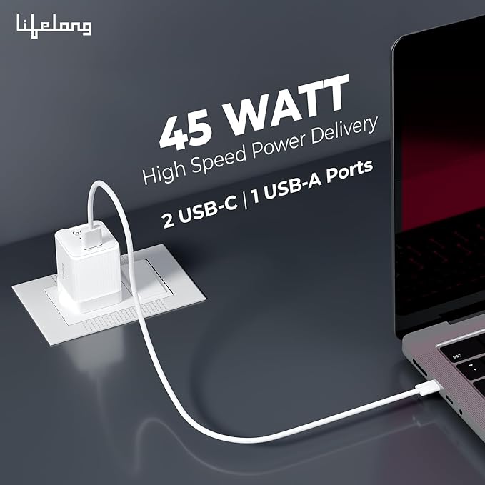 45W GaN Fast Charger with PD – Dual Port USB-A & Type-C (Glacier White)