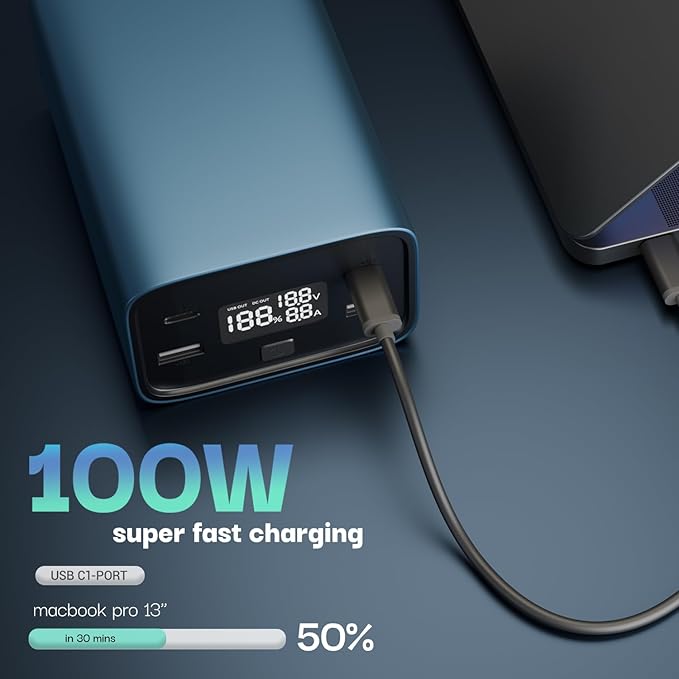100W 27000mAh 4-in-1 Fast Charging Laptop Power Bank – Metallic Blue