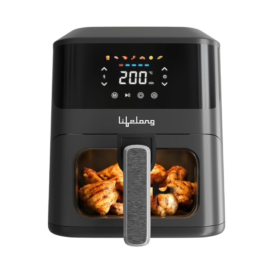 Lifelong 4.2L Air Fryer for Healthy Cooking | 1350W | 7 Presets with Defrost | Low Oil Cooking with 360Â° Rapid Air Technology | LED Touch Panel with Countdown Marking | Easy Clean Kitchen Appliance Black & Grey