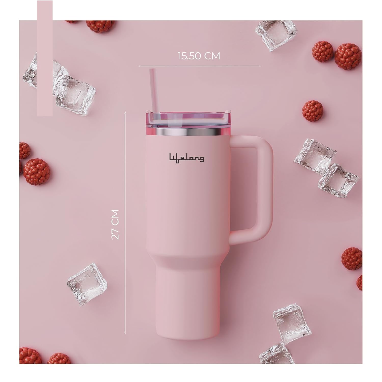 Lifelong Double-Walled Vacuum Insulated Tumblers 1200ml | Set of 2 | Unbreakable Tritan Lids, Stainless Steel Straws & Straw Cleaner | Hot 8 Hrs Cold 12 Hrs | Durable Steel with Handle (LLTBRCB1)
