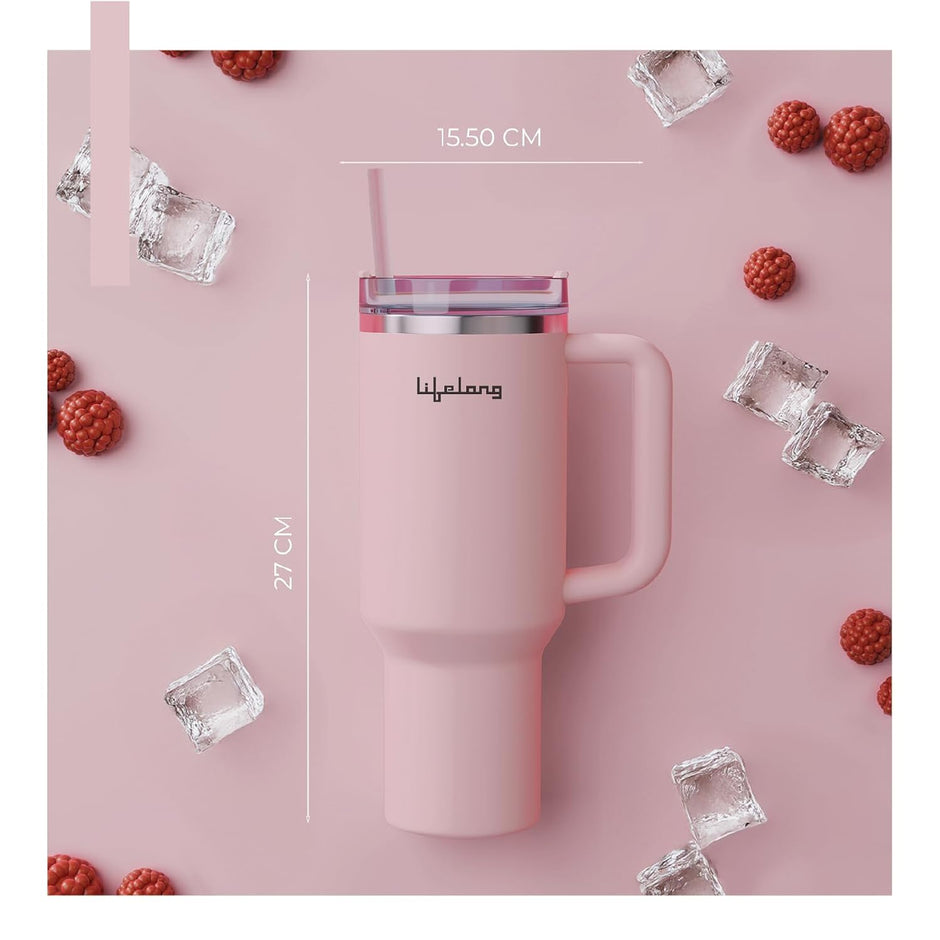 Lifelong Double-Walled Vacuum Insulated Tumbler with Handle 1200ml | Keeps Drinks Hot for 5 Hours & Cold for 9 Hours | Recycled Stainless Steel, Leakproof Lid & Comfort-Grip Handle Almond Rose