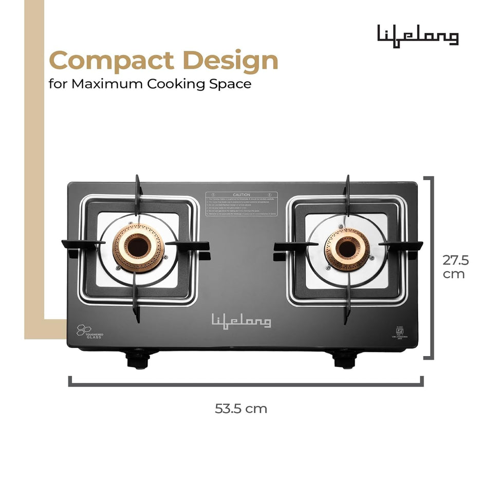 Lifelong 2 Burner Glass Gas Stove – Square Pan Support, ISI Certified, Black