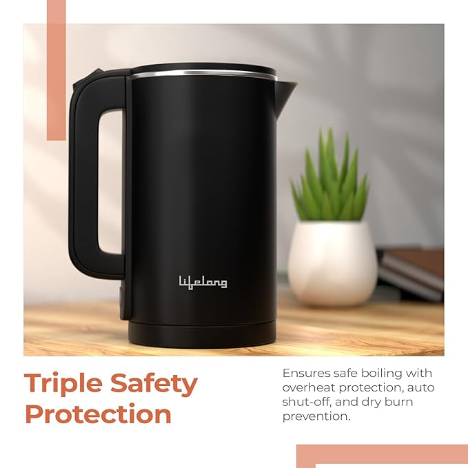 Lifelong 1.5L Electric Kettle – 1500W Stainless Steel Double Wall Kettle with Cool Touch Body, Auto Shut-Off & Overheat Protection (Black
