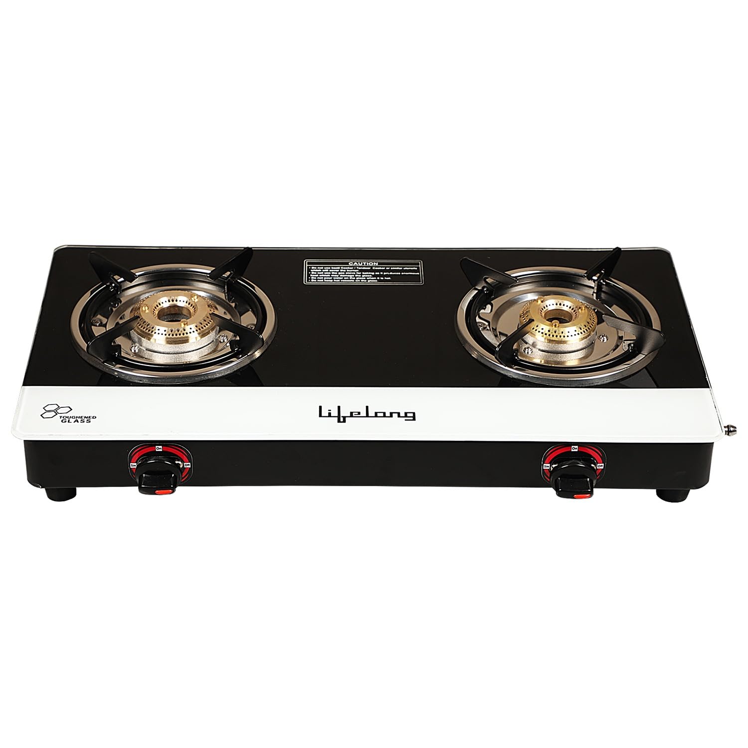Lifelong Glass Top 2 Burner Gas Stove | Premium Design, Brass Burner| Toughened Glass High Thermal Efficiancy|Manual (Black and White) LLGS211, ISI Certified 2 Burners