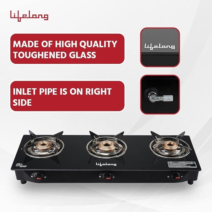 Lifelong 3 Burner Glass Top Gas Stove with Dosa Tawa & Fry Pan Combo – Manual Ignition, High Efficiency (Black)