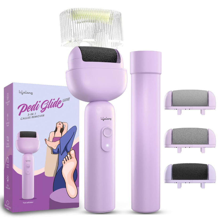 Lifelong PediGlide Luxe Electric Callus Remover for Feet | Waterproof Pedicure Machine with 3 Roller Heads, 2 Speeds, Type-C Charging & Focus Light