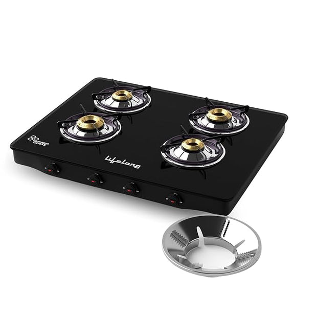 Lifelong 4 Burner Gas Stove with Free Gas Saver – ISI Certified Manual Ignition Glass Top Cooktop, LPG Compatible, Modern Design for Modular Kitchen