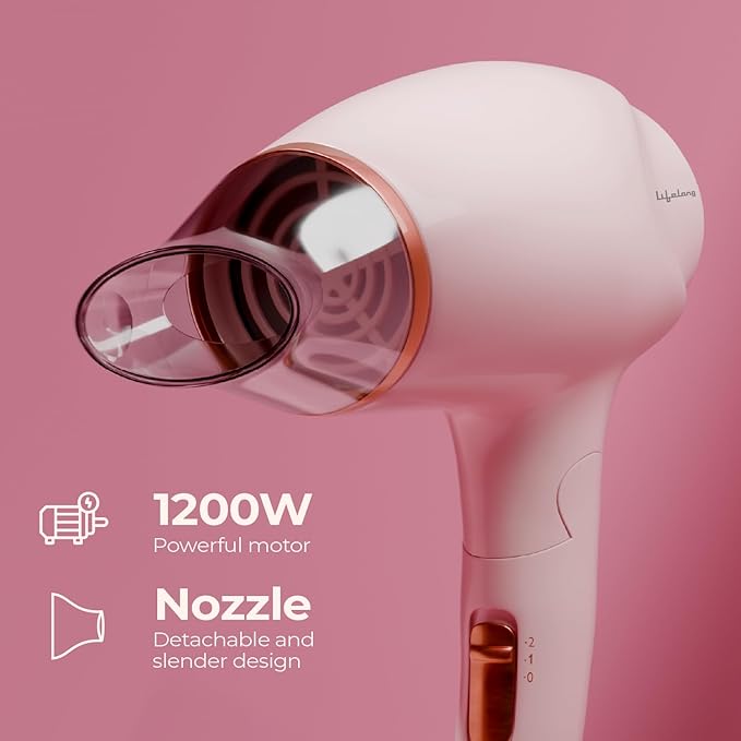 Lifelong 1200W Hair Dryer for Women & Men | Foldable & Compact Blow Dryer | 2 Heat Settings | Travel-Friendly Portable Hair Dryer for Smooth, Frizz-Free Styling (Pink)