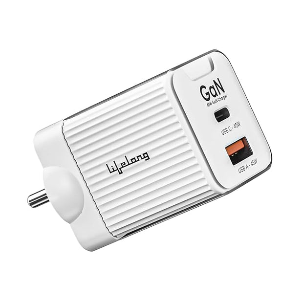 45W GaN Fast Charger with PD – Dual Port USB-A & Type-C (Glacier White)