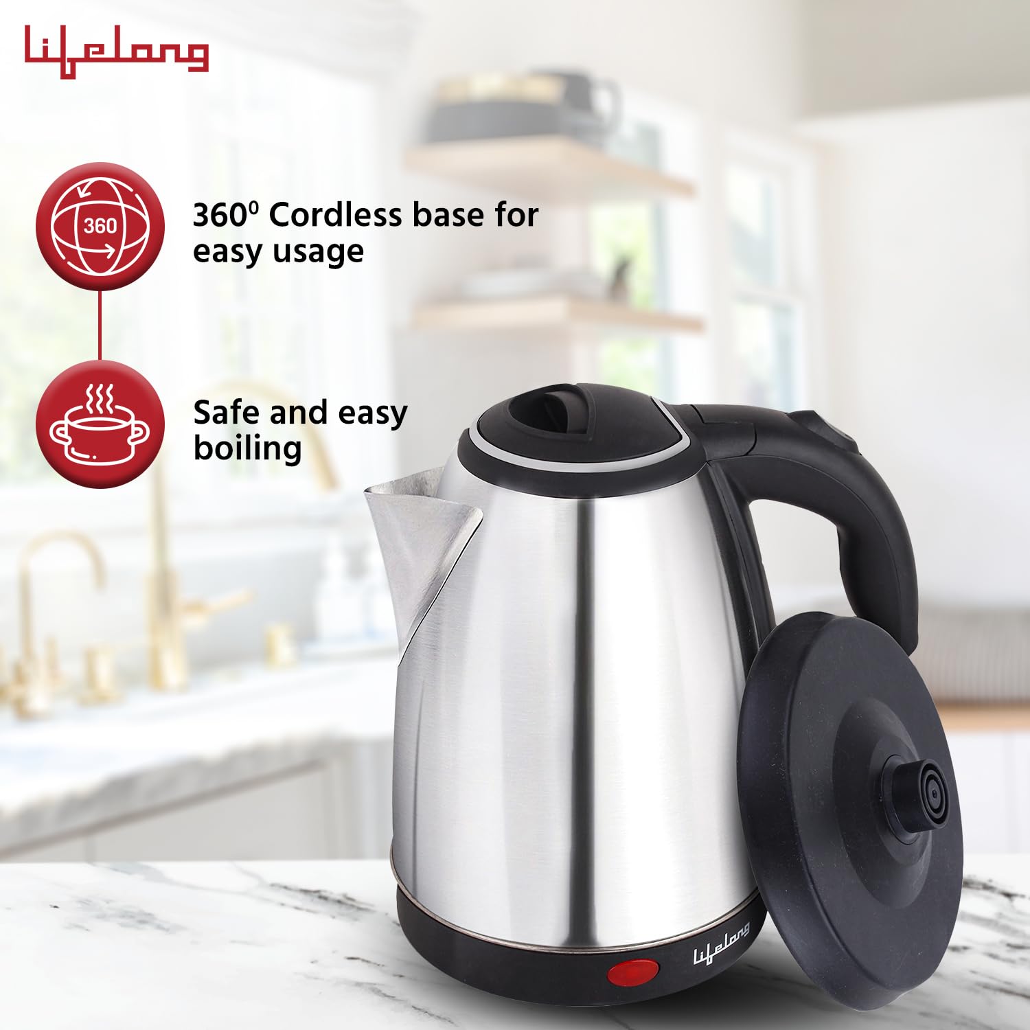 Electric Kettle 1.5L with Stainless Steel Body, Easy and Fast Boiling of Water for Instant Noodles, Soup, Tea etc.