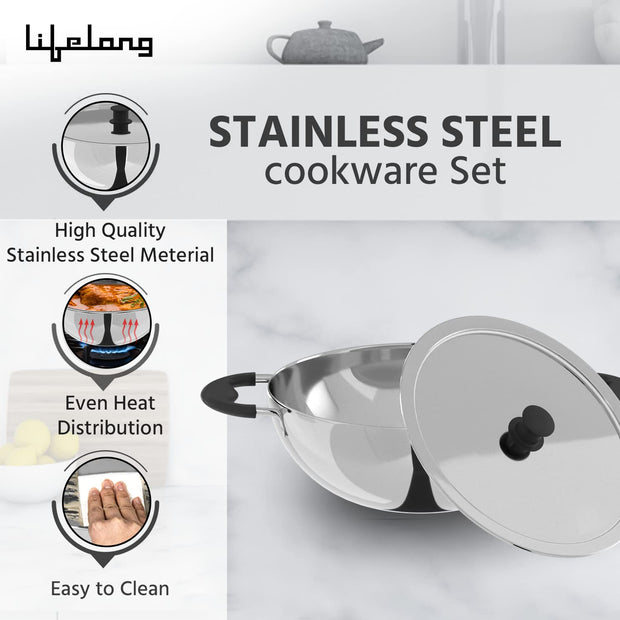 Lifelong 3 pc Cookware | 2 Litre Stainless Steel Kadhai with SS Lid 23 CM