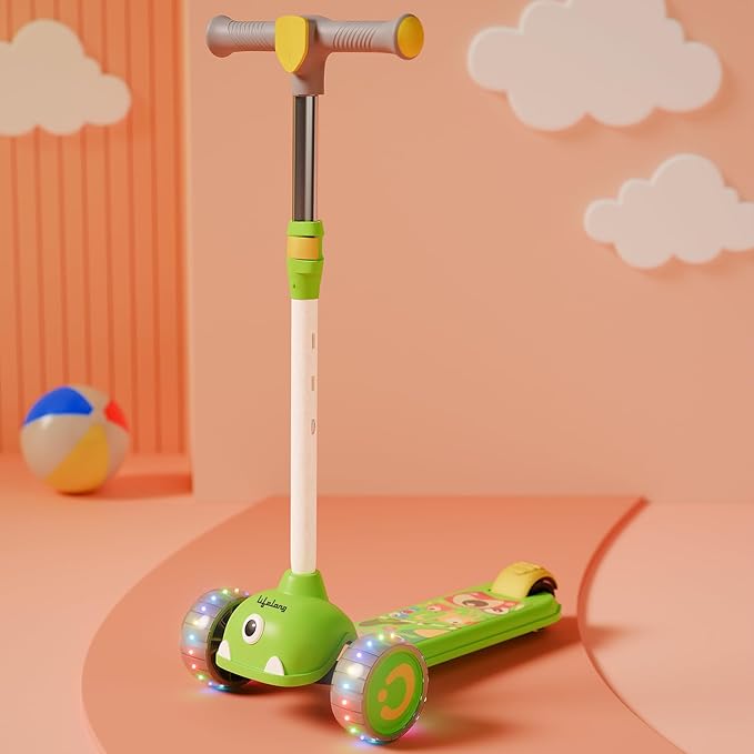 Lifelong Kids Scooter with LED PU Wheels – 4-Level Adjustable Height, Tilt-to-Turn Steering, BIS Certified, 50kg Capacity (Green & Yellow)