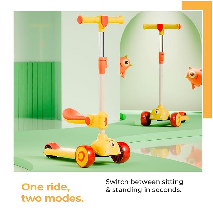Lifelong Kids Scooter with Foldable Seat – LED PU Wheels, 4-Level Adjustable Height, BIS Certified, 50kg Capacity (Yellow & Orange)