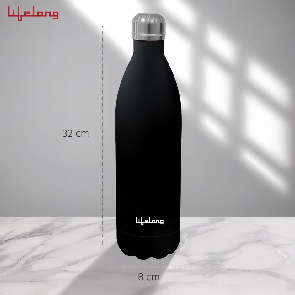 Lifelong Thermosteel Flask 1000 ml Stainless Steel | Soft Touch | Water Bottle 24 Hours Hot & Cold | Double Wall Vacuum Insulated | Leakproof, Rust Free | Ideal for Office & Travel (Black, LLVF008) Black 1000 ml