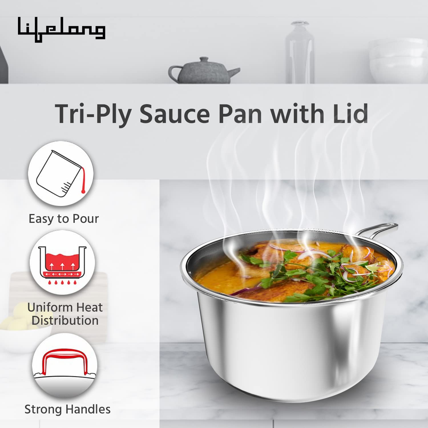 Lifelong LLTPSP901 Triply Sauce Pan with Riveted Handle with Stainless Steel Lid 1 litre Capacity (14 cm Diameter, Induction, Dishwasher and Gas Stove Friendly) 1 Litres