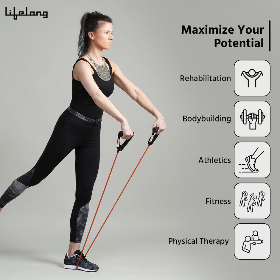 Lifelong Resistance Tube – 10KG Light Resistance, Foam Grip Exercise Band with Door Anchor (Red)