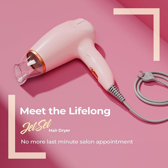 Lifelong 1200W Hair Dryer for Women & Men | Foldable & Compact Blow Dryer | 2 Heat Settings | Travel-Friendly Portable Hair Dryer for Smooth, Frizz-Free Styling (Pink)