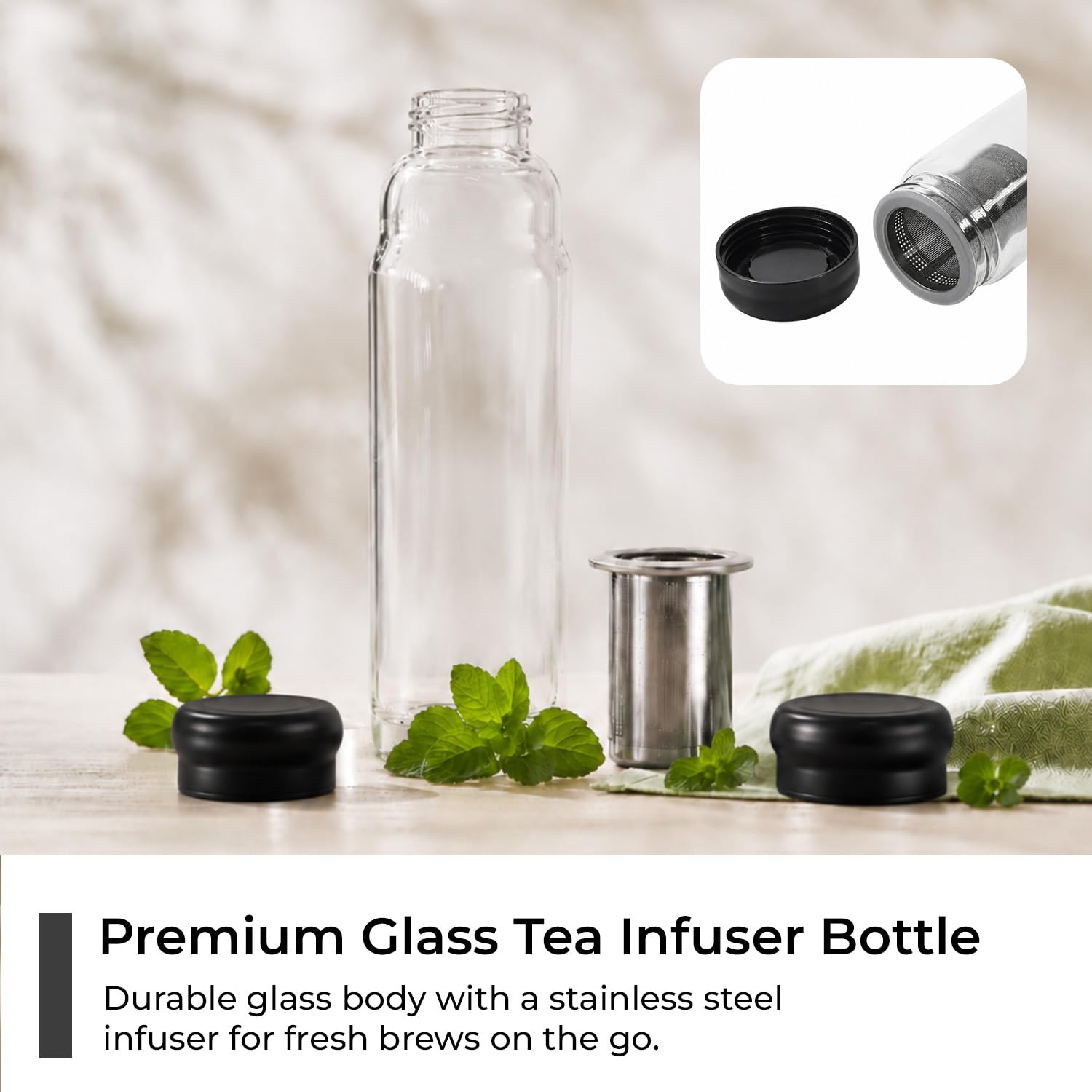 Lifelong 500ml Glass Infuser Bottle | Transparent Borosilicate Leakproof & Durable Glass Bottle for Detox Water, Tea, Juice & Herbal Drinks | Portable Reusable Drinking Bottle with Protective Sleeve