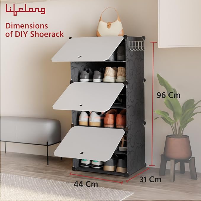 Lifelong 3-Tier Modular Plastic Shoe Rack with Flip Drawers – Space-Saving Dust-Free Shoe Cabinet with Side Hooks, DIY Assembly for Entryway, Hallway & Bedroom