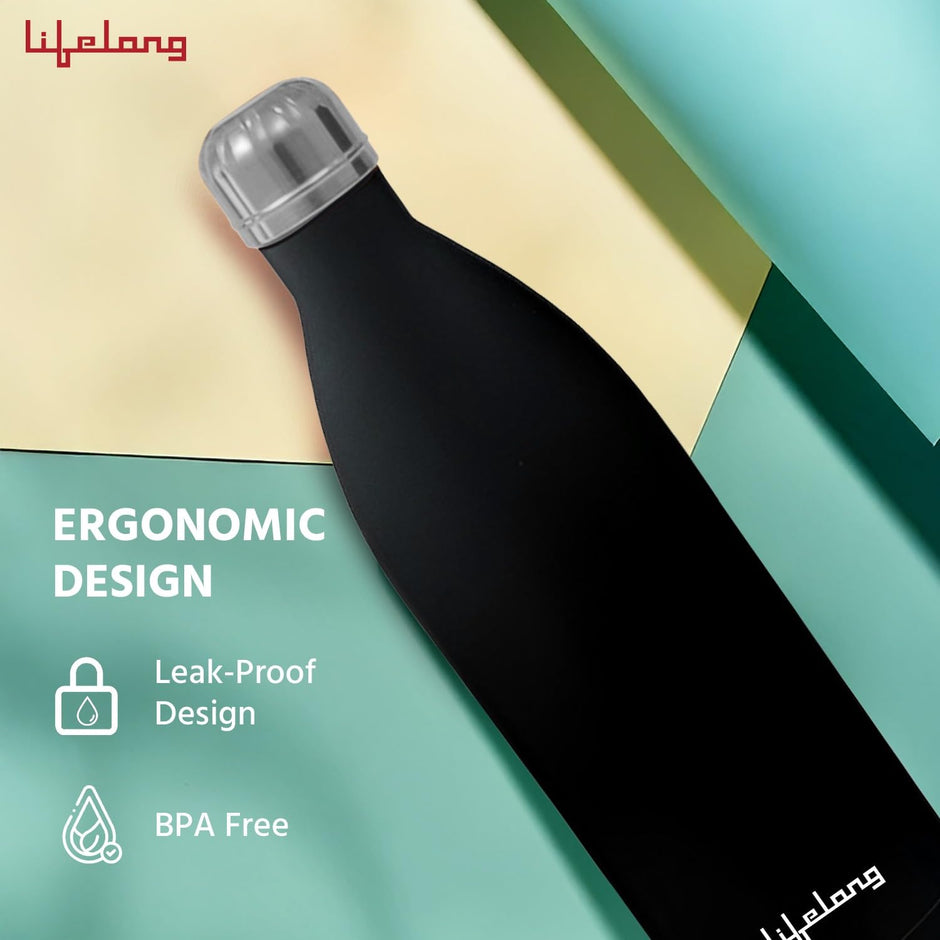 Lifelong Thermosteel Flask 1000 ml Stainless Steel | Soft Touch | Water Bottle 24 Hours Hot & Cold | Double Wall Vacuum Insulated | Leakproof, Rust Free | Ideal for Office & Travel (Black, LLVF008) Black 1000 ml