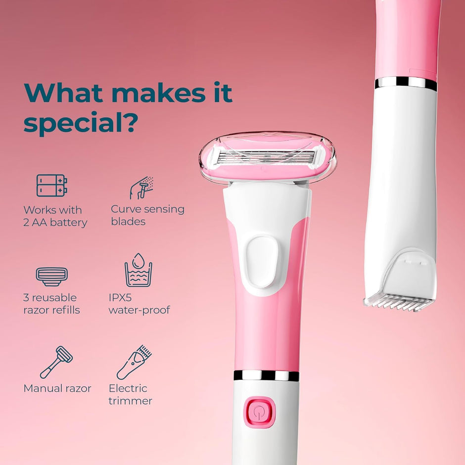 Lifelong Silken 2-in-1 Women’s Bikini & Body Trimmer | Waterproof Electric Trimmer & Manual Razor for Face, Legs & Underarms with Curve-Sensing Blades, 3 Refills, AA Battery