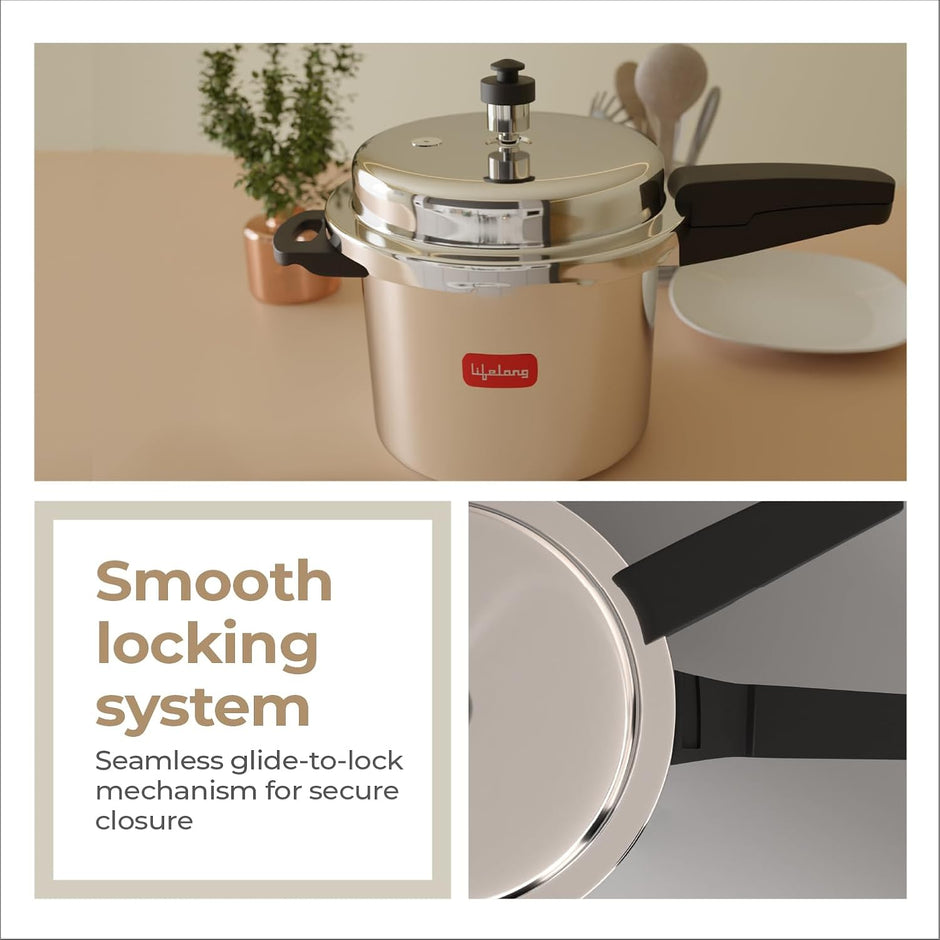 Lifelong Stainless Steel Pressure Cooker – 5 Liters, ISI Certified Outer Lid, Induction & Gas Compatible, Lock System, 5 Year Warranty (Silver)