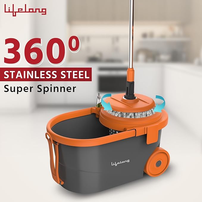Lifelong 12L Spin Floor Mop Set with 360° Bucket & Microfiber Refills (Orange)