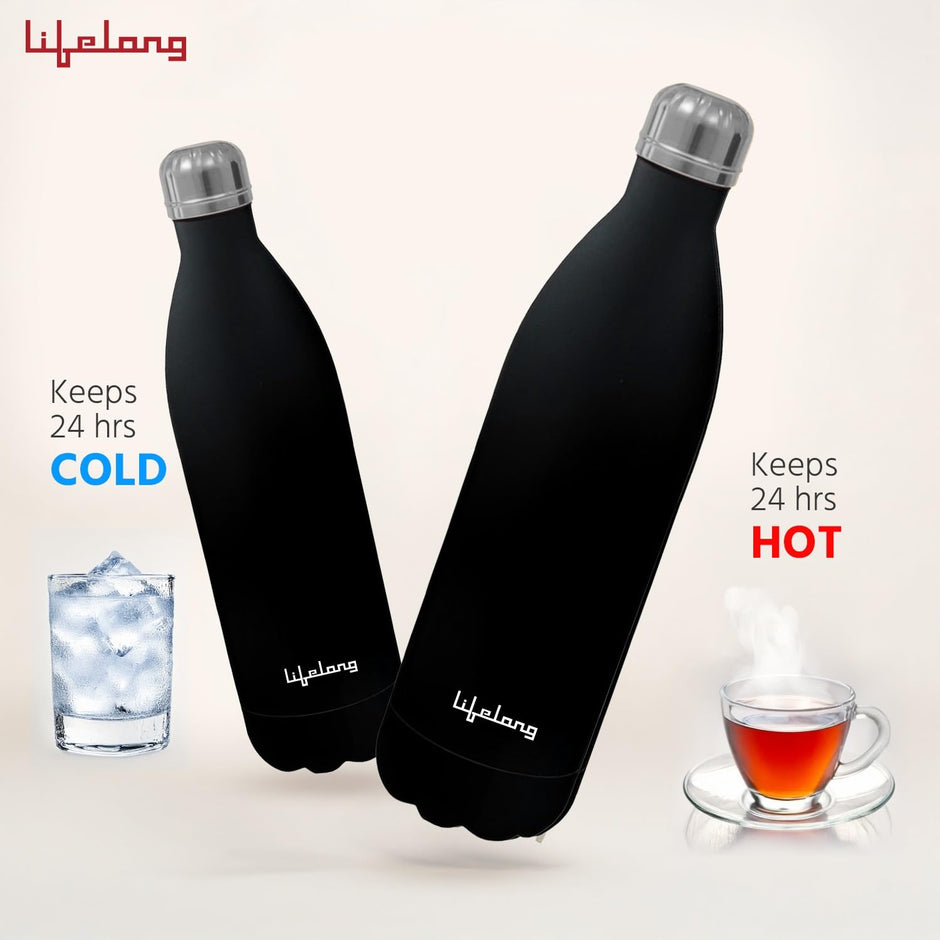 Lifelong Thermosteel Flask 1000 ml Stainless Steel | Soft Touch | Water Bottle 24 Hours Hot & Cold | Double Wall Vacuum Insulated | Leakproof, Rust Free | Ideal for Office & Travel (Black, LLVF008) Black 1000 ml