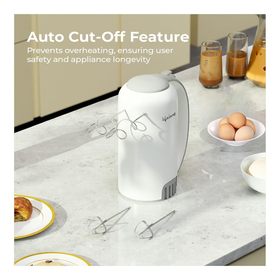 Lifelong 450W Hand Mixer with Beaters & Dough Hooks | 5-Speed Control with Turbo Boost | Low Noise 100% Copper DC Motor | Large Eject Button | Electric Beater for Cake, Dough, Cream & More