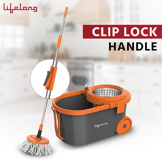 Lifelong 12L Spin Floor Mop Set with 360° Bucket & Microfiber Refills (Orange)