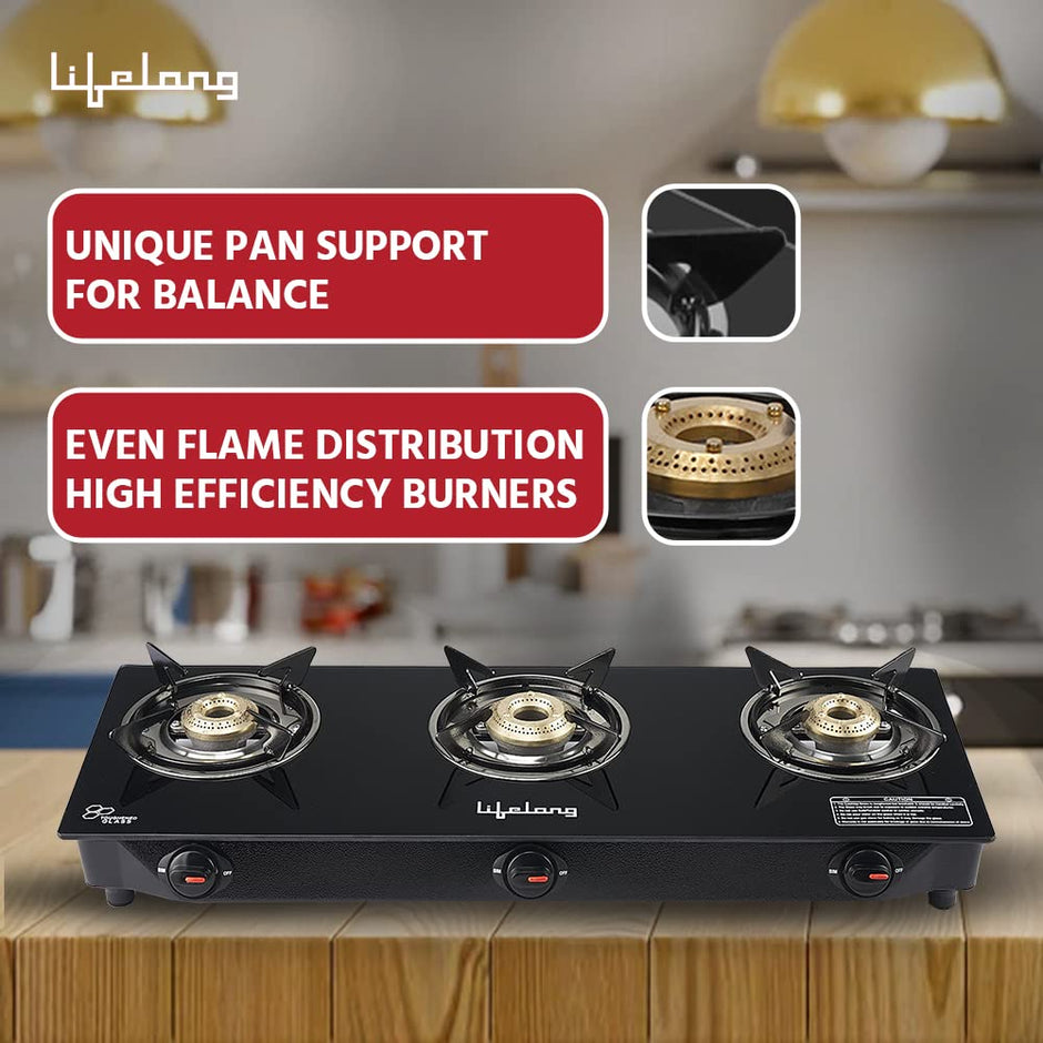 Lifelong 3 Burner Glass Top Gas Stove with Dosa Tawa & Fry Pan Combo – Manual Ignition, High Efficiency (Black)