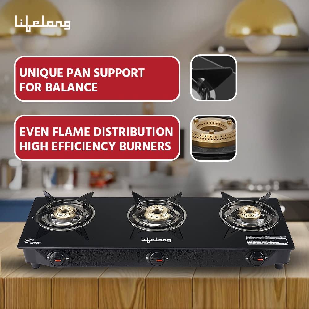 Lifelong 3 Burner Glass Top Gas Stove with Dosa Tawa & Fry Pan Combo – Manual Ignition, High Efficiency (Black)