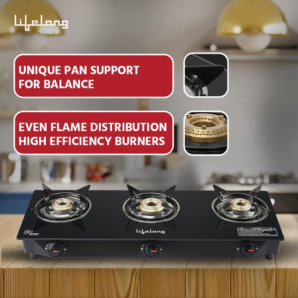 3 Burner Glass Top Gas Stove Combo with Dosa Tawa and Fry Pan