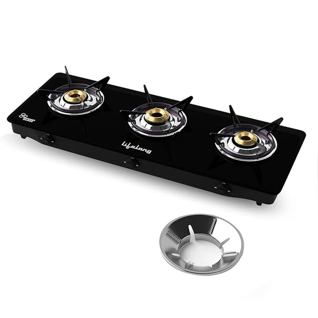 3 Burner Glass Gas Stove with Free Gas Saver – ISI Certified, LPG Compatible