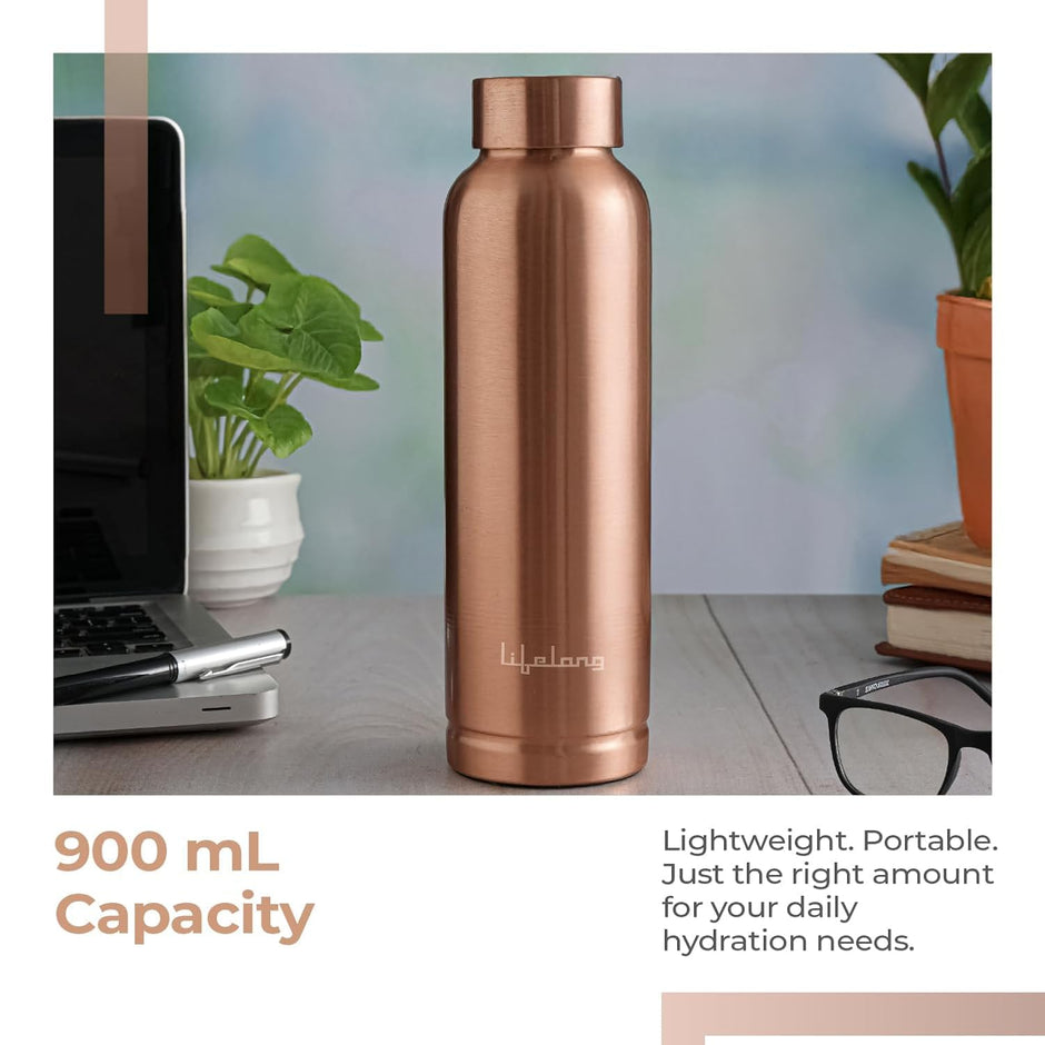 Lifelong 900 ml Copper Water Bottle | Natural alkaline water | Leakproof & Lightweight Design Boosts Immunity | Anti-Bacterial, BPA Free, Odour-Free with Secure Cap for School, Travel, Gym & Work